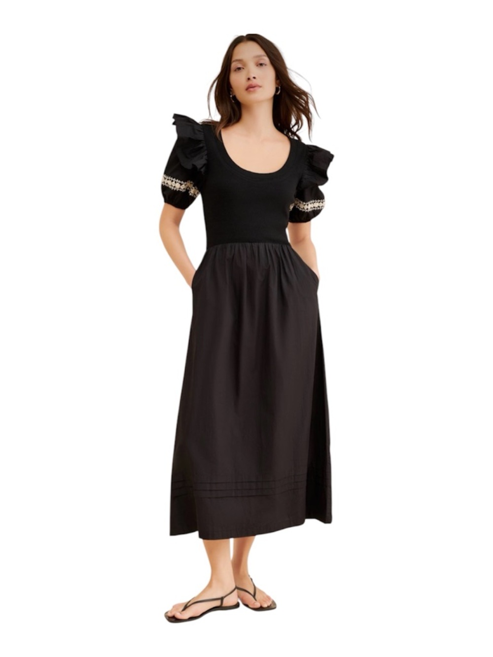 Cleobella NWT Black Organic Cotton Midi Dress w/ Puff Sleeves Size XS